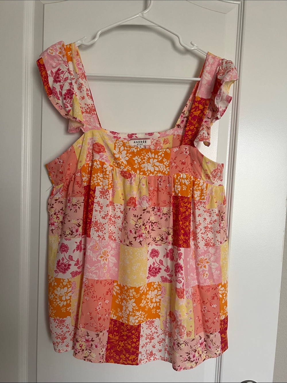Andree Patchwork Floral Ruffle Strap Tank - Pink, Yellow, Orange